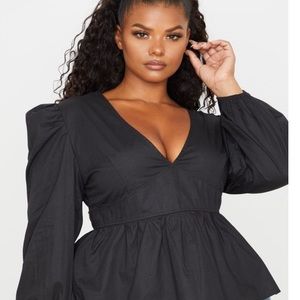 Plus Black Plunge Puff Sleeve Frilled Hem Blouse
